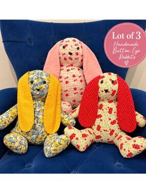 Handmade Bunny Rabbit Plush Lot of 3 15” Weighted Floral Button Eye Decor